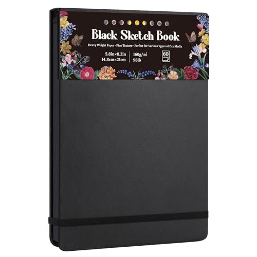Black Paper Sketchbook Pad 5.8 × 8.3 in, 50 Sheets, 160gsm, Spiral Bound
