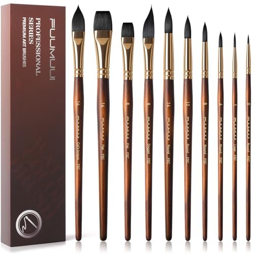 Watercolor Brushes Professional, Fuumuui 10Pcs Synthetic Squirrel Hair Water Color Paint Brush Set for Artists