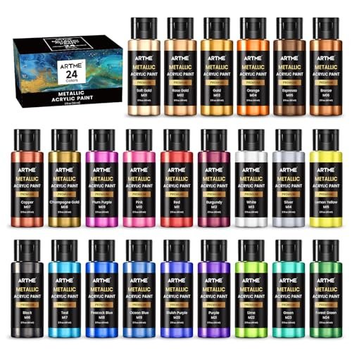 Artme Metallic Acrylic Paint Set, 24 Metallic Colors in 2 oz/60ml Bottles