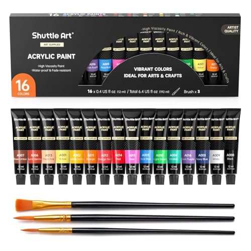 Shuttle Art Acrylic Paint Set, 16 x12ml Tubes Artist Quality Non Toxic Rich Pigments Colors