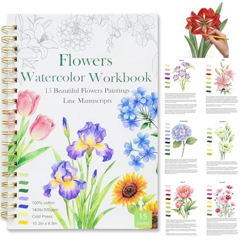 Watercolor Workbook 15 Beautiful Flowers Paintings for Adults &Teens Beginners