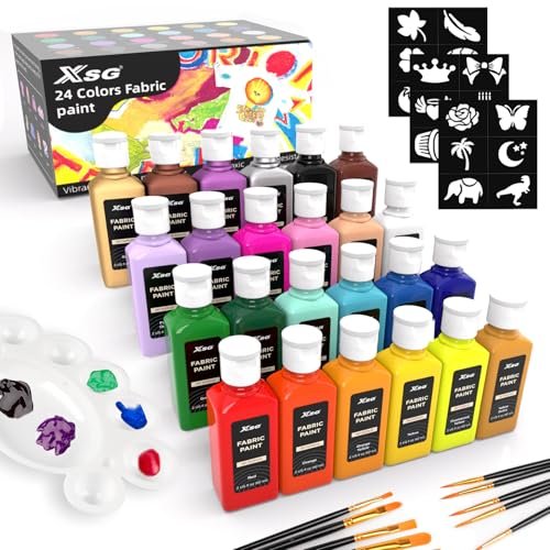 24 Colors Fabric Paint For Clothes Permanent, Soft Fabric Paint in Bottles with 10 Brushes, Stencils & Palette