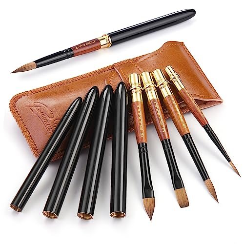 Sable Travel Watercolor Brushes, Fuumuui 4pcs Elegant Sable Travel Brushes Travel Watercolor Kit with Leather Pouch