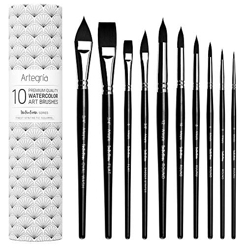 ARTEGRIA Watercolor Brush Set, 10 Professional Soft Synthetic Squirrel Paint Brushes