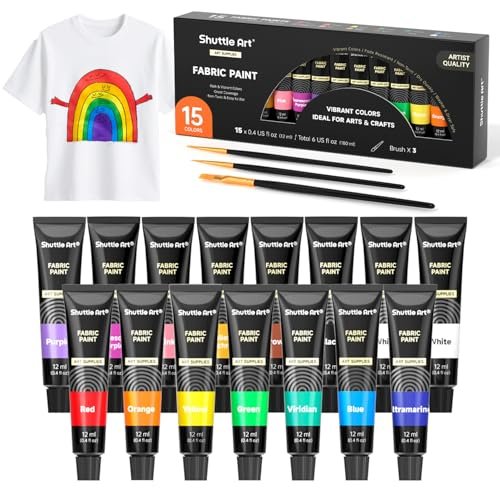 Shuttle Art Fabric Paint, 15 x 12ml Tubes Permanent Soft Fabric Paint with 3 Brushes