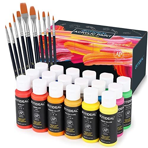 GOTIDEAL Acrylic Paint Set with 10 Brushes, 18 Colors (59ml, 2 oz)